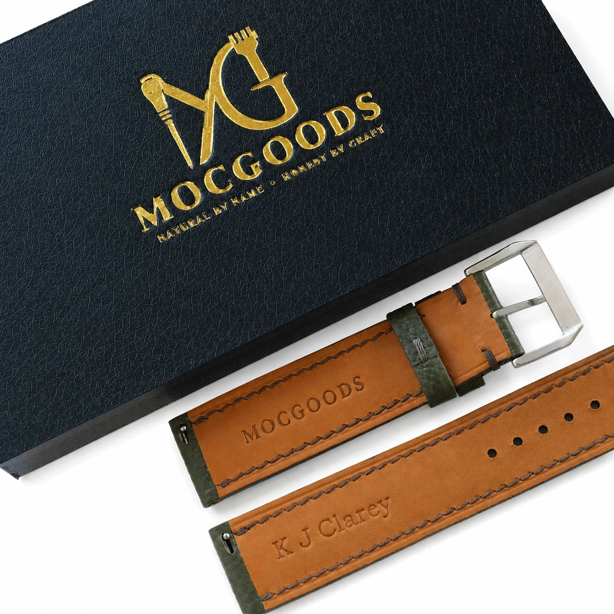 Padded Dark Olive Green Togo Leather Watch Strap