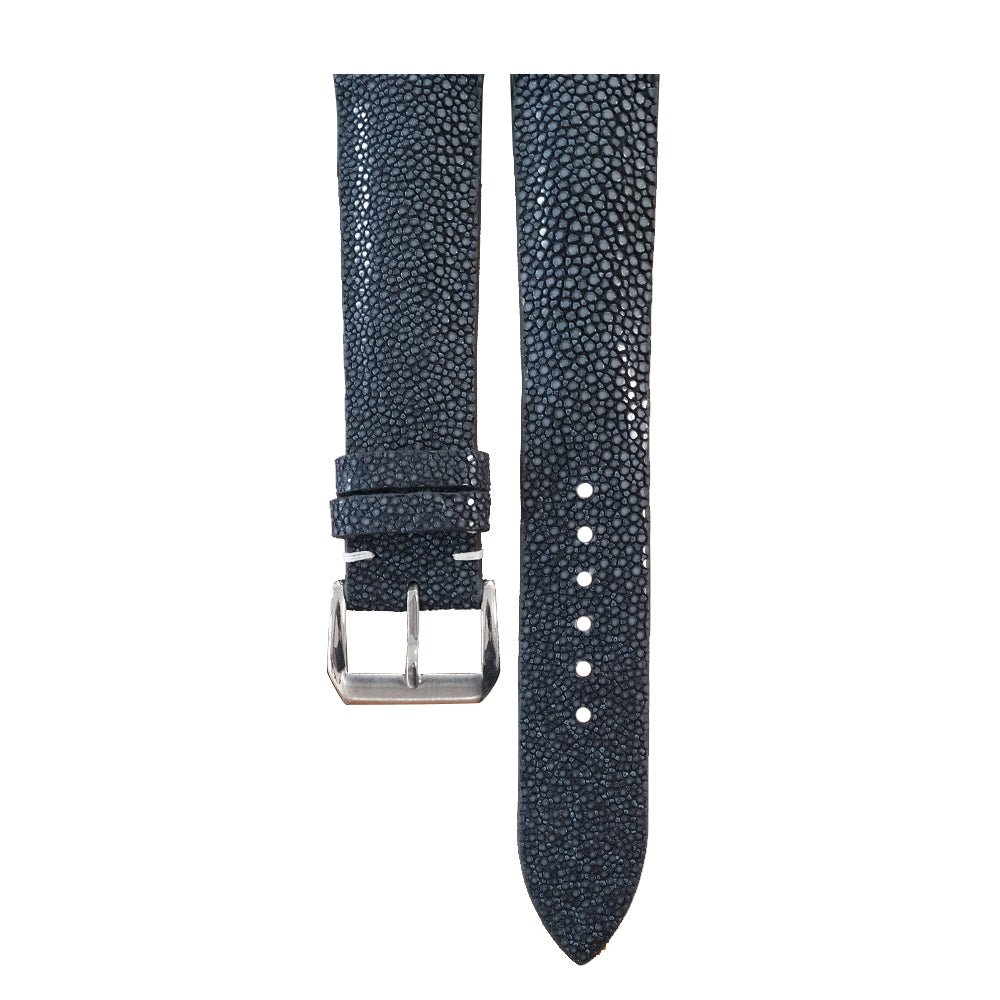 Padded Vintage Black Stingray leather watch strap - caviar texture