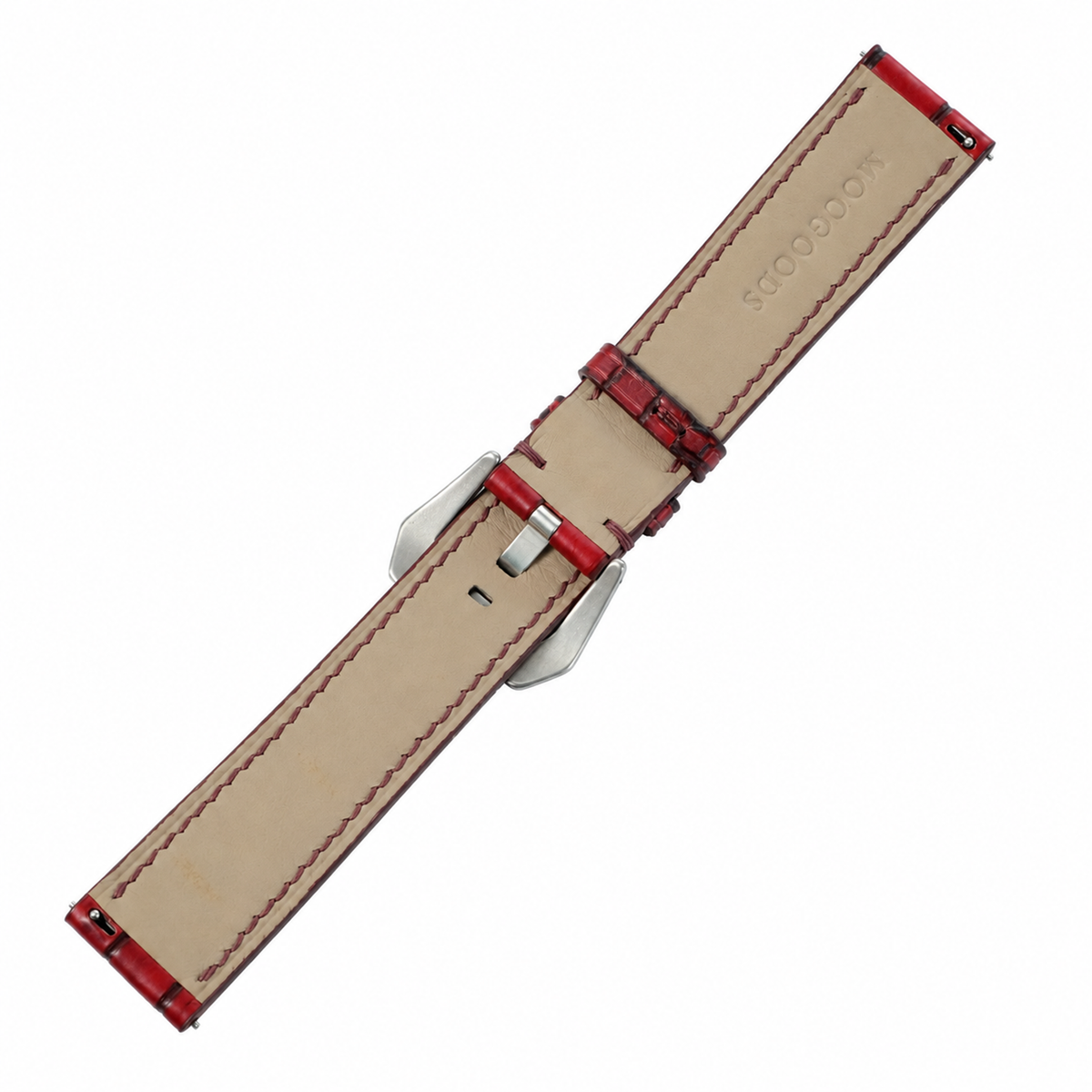 Patina Red and Black Alligator Leather Watch Strap - padded leather lining with MocGoods emboss