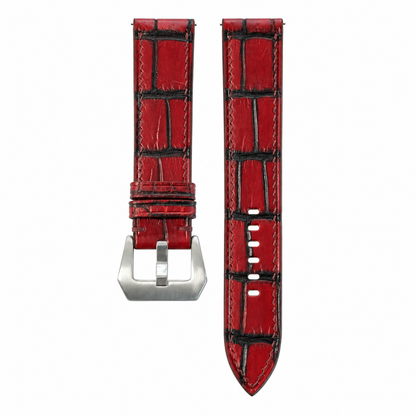 Patina Red and Black Alligator Leather Watch Strap - front and back with pilot buckle