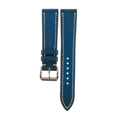 Patina Blue vegetable tanned leather watch strap - cream stitch