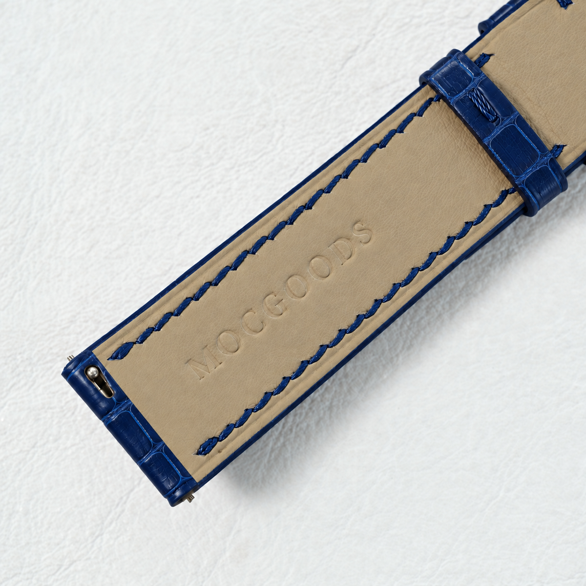 Patina Dark Blue Alligator Leather Watch Strap - padded leather lining with MocGoods emboss