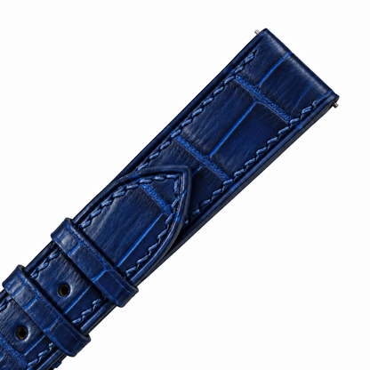 Patina Dark Blue Alligator Leather Watch Strap - macro of alligator scales and hand stitching
