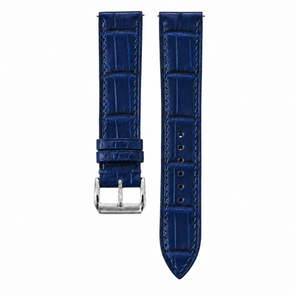 Patina Dark Blue Alligator Leather Watch Strap - front and back flat lay