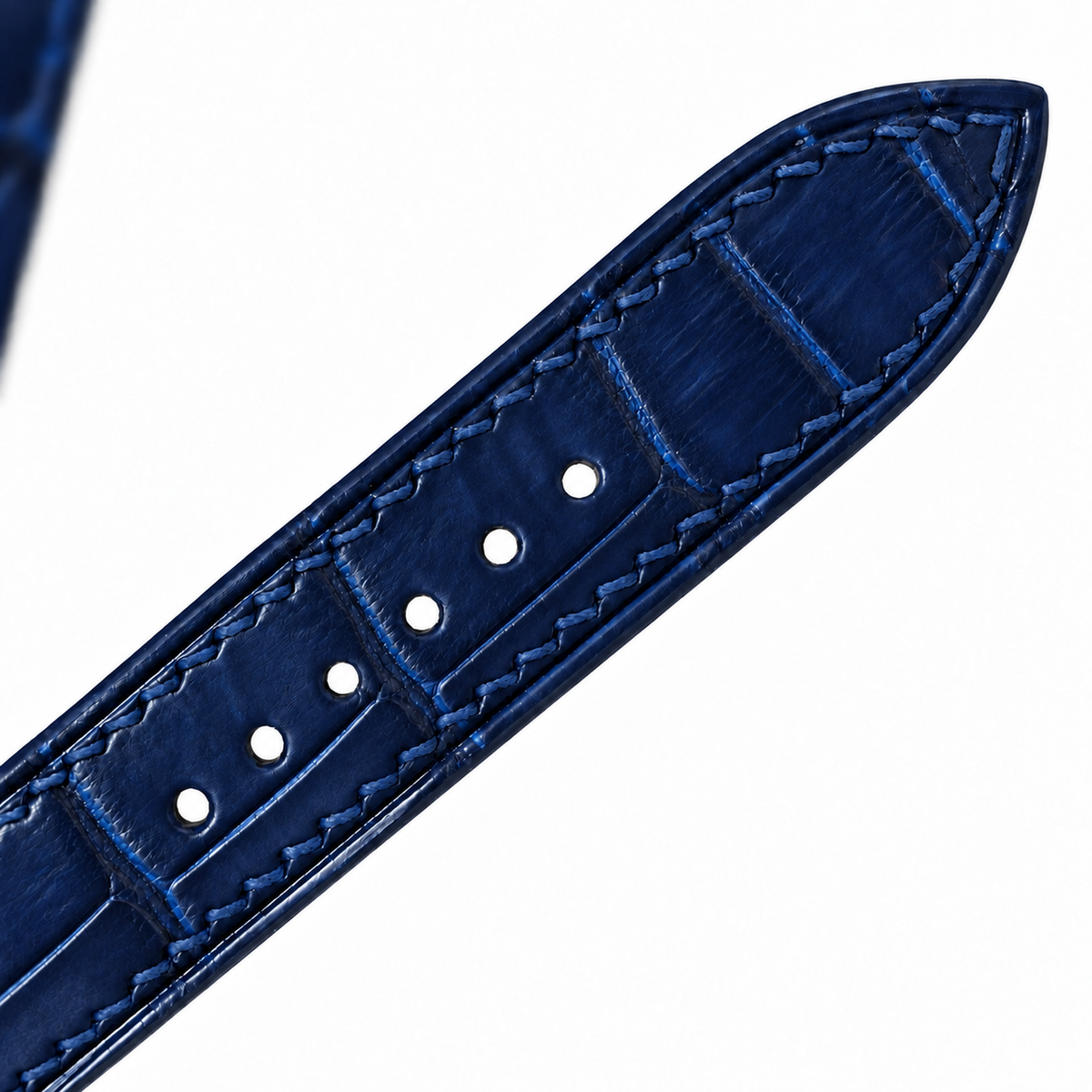 Patina Dark Blue Alligator Leather Watch Strap - tapered tip and adjustment holes detail