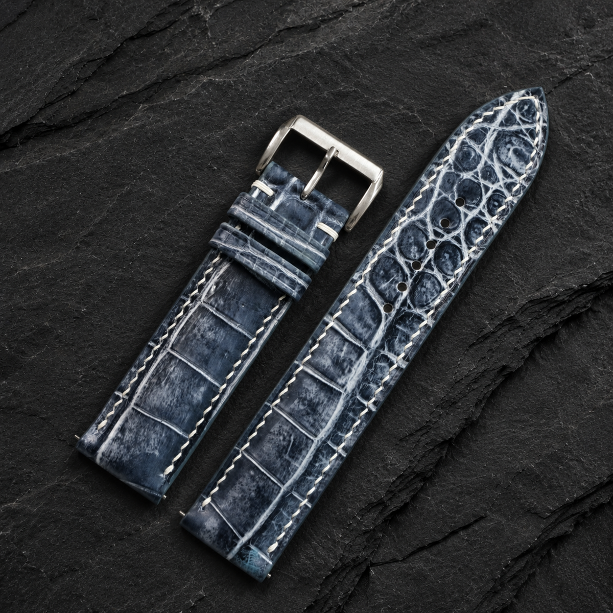 Patina Gray White Alligator Leather Watch Strap - buckle and raised scale detail