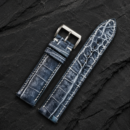Patina Gray White Alligator Leather Watch Strap - buckle and raised scale detail