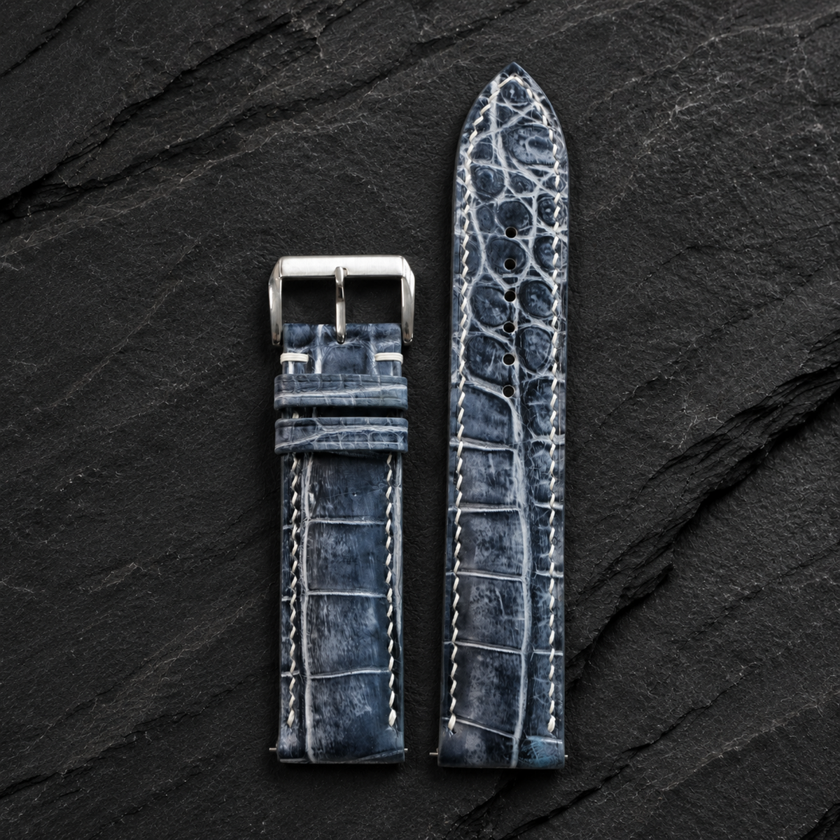 Patina Gray White Alligator Leather Watch Strap - tapered tip and sizing holes