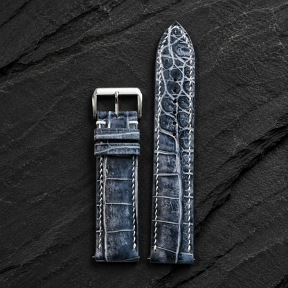 Patina Gray White Alligator Leather Watch Strap - tapered tip and sizing holes