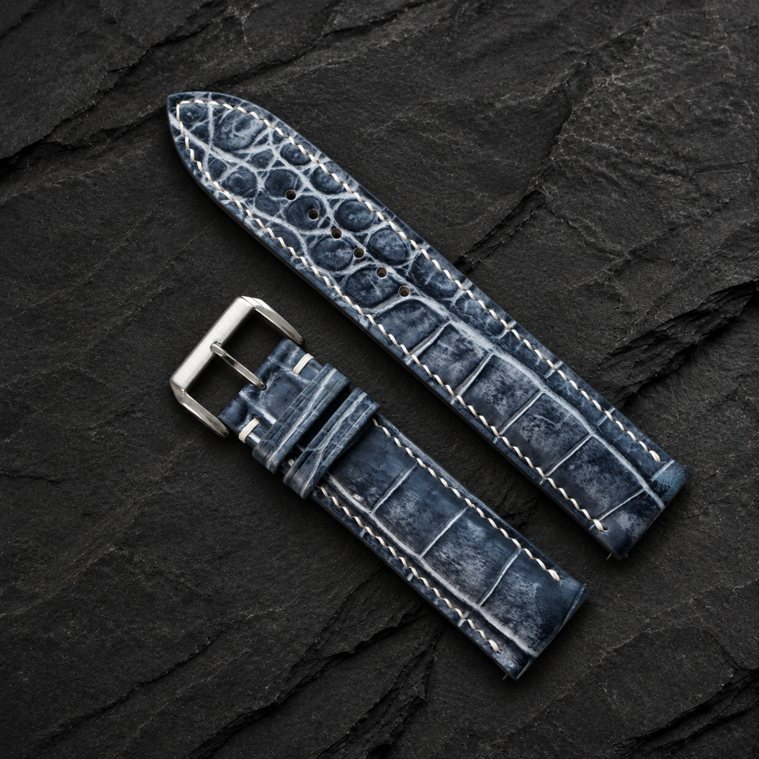 Patina Gray White Alligator Leather Watch Strap - large belly scales