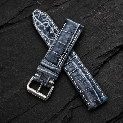 Patina Gray White Alligator Leather Watch Strap - white contrast hand-stitching
