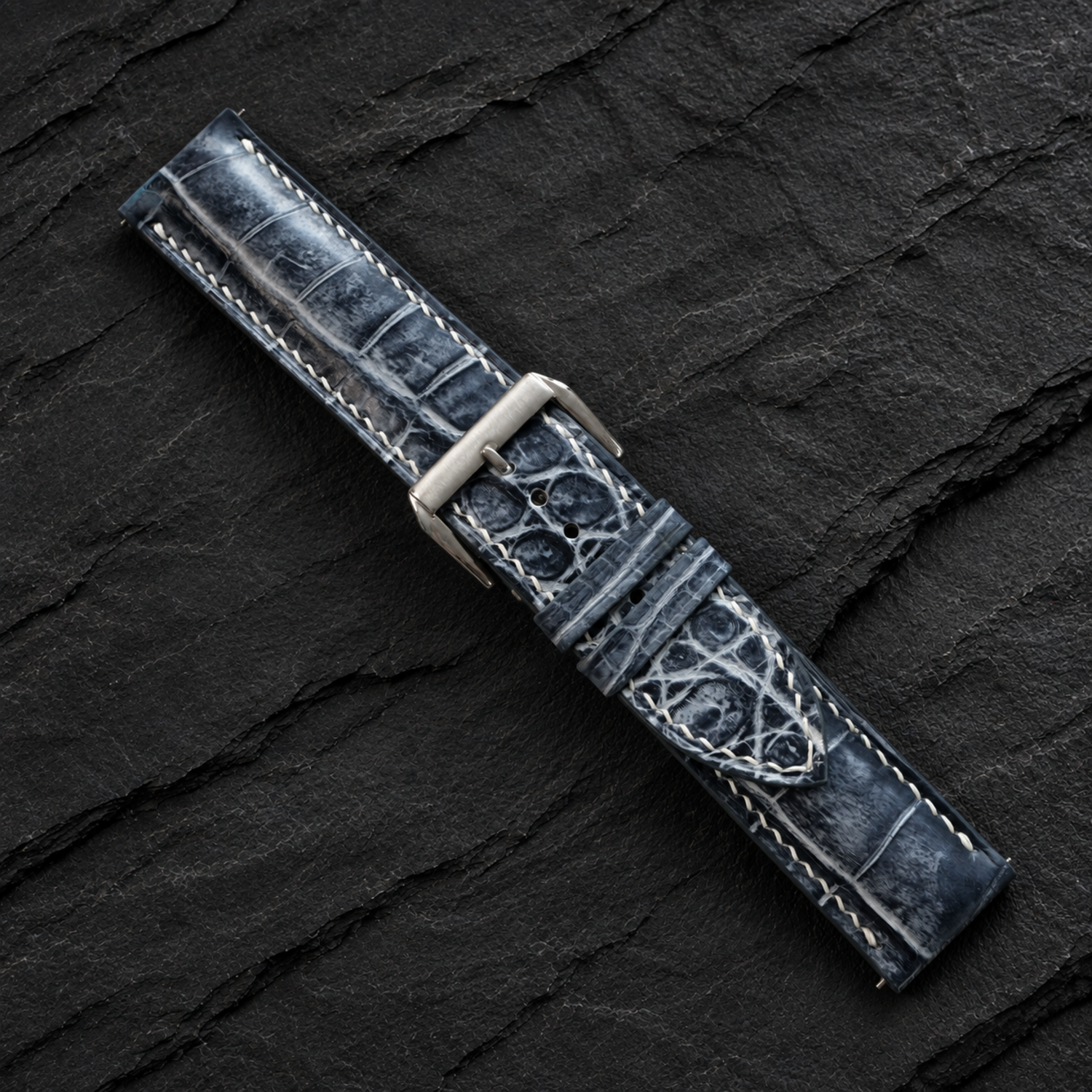 Patina Gray White Alligator Leather Watch Strap - angled view with keeper loop