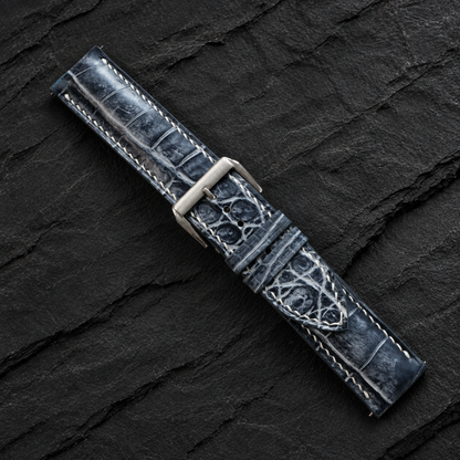 Patina Gray White Alligator Leather Watch Strap - angled view with keeper loop