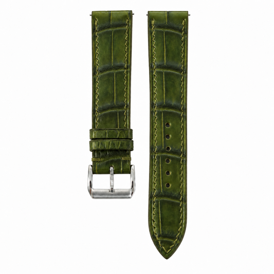 Patina Olive Green Alligator Leather Watch Strap - front and back flat lay