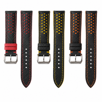 Perforated Rally leather watch strap - red, yellow, orange colorways