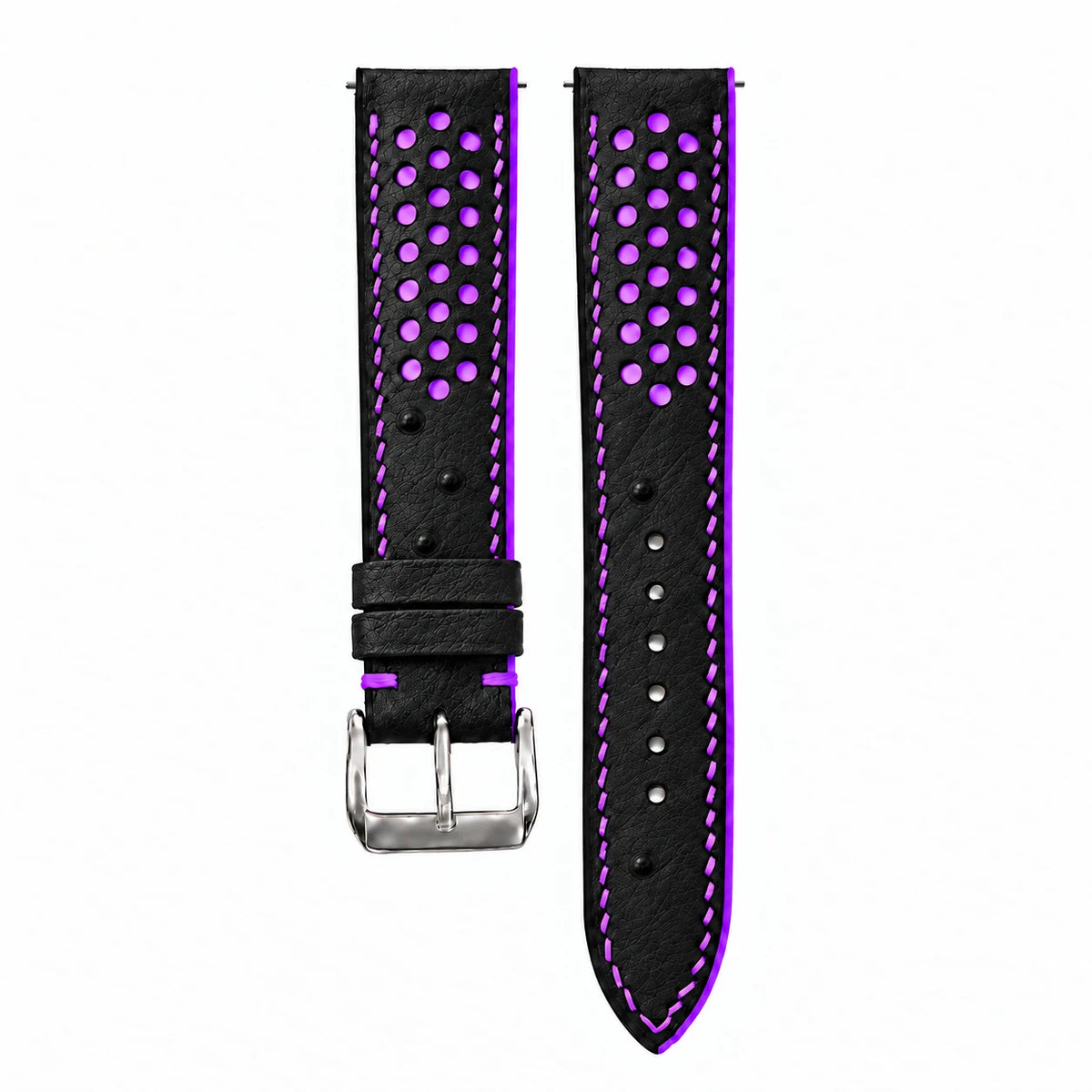 Black and Purple Racing Small Holes Ostrich Leather Watch Strap - front view purple perforations