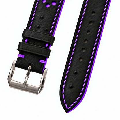 Black and Purple Racing Small Holes Ostrich Leather Watch Strap - angled view purple underlay
