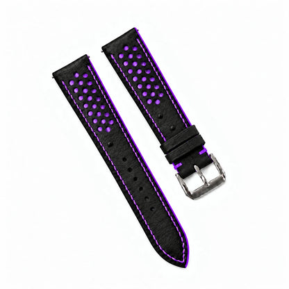Black and Purple Racing Small Holes Ostrich Leather Watch Strap - buckle and tail purple stitch detail