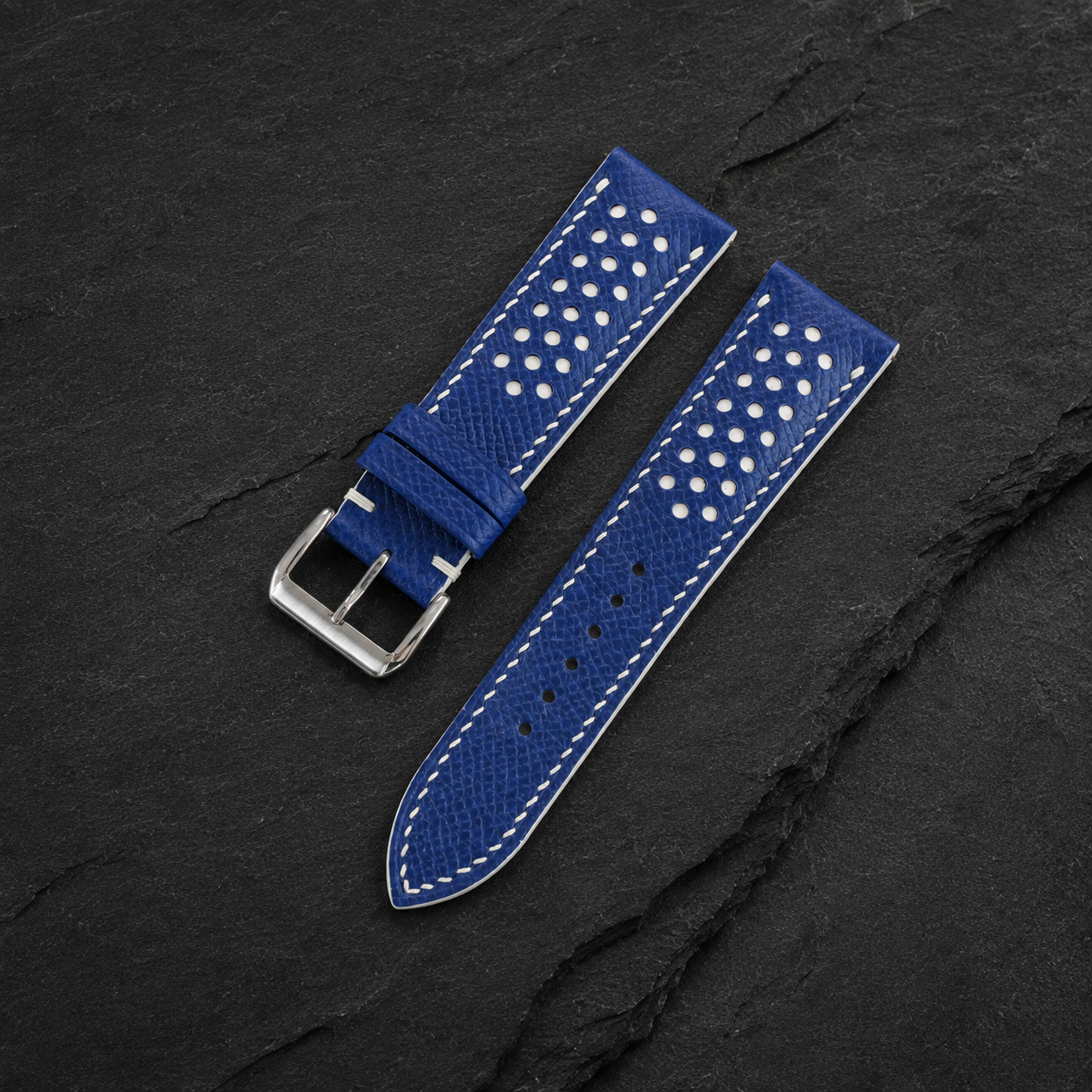 Racing Rally Blue and White Epsom Leather Watch Strap