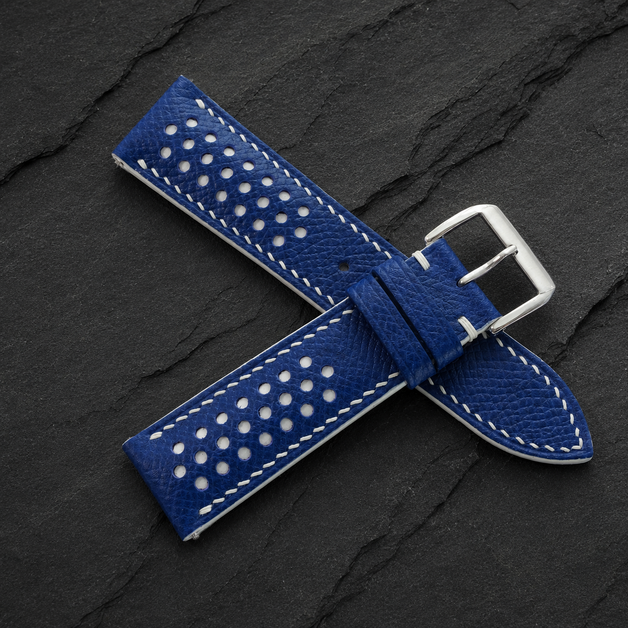 Racing Rally Blue and White Epsom Leather Watch Strap