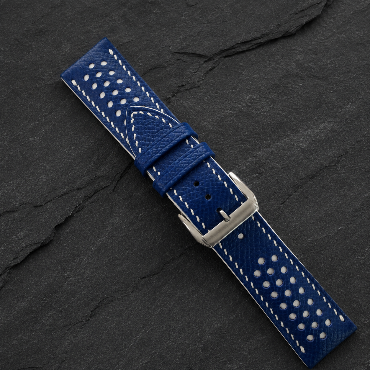 Racing Rally Blue and White Epsom Leather Watch Strap