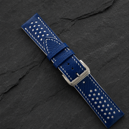 Racing Rally Blue and White Epsom Leather Watch Strap