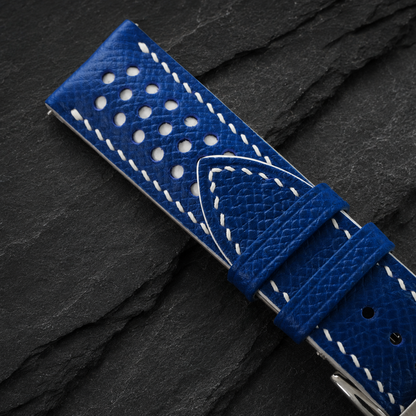 Racing Rally Blue and White Epsom Leather Watch Strap