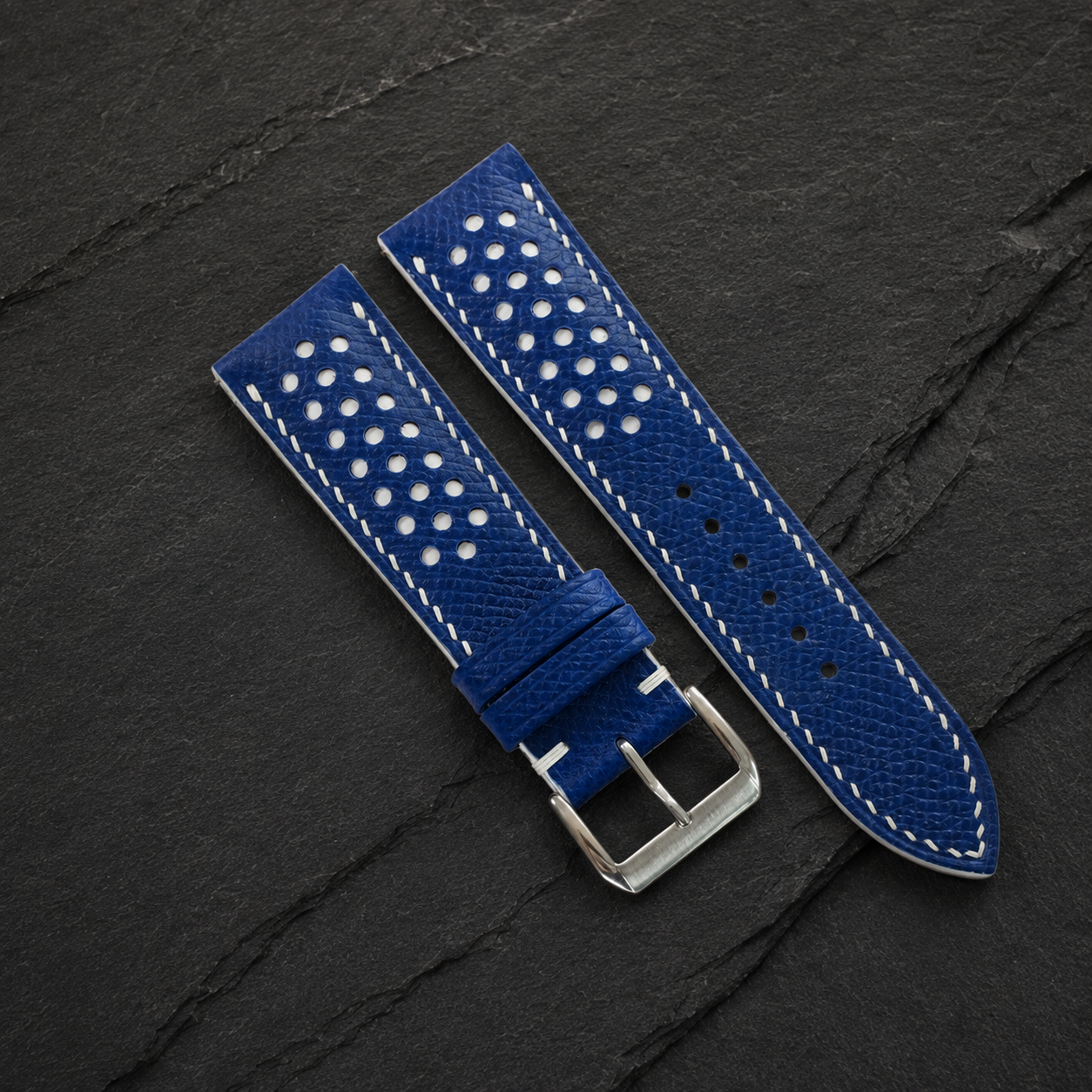 Racing Rally Blue and White Epsom Leather Watch Strap