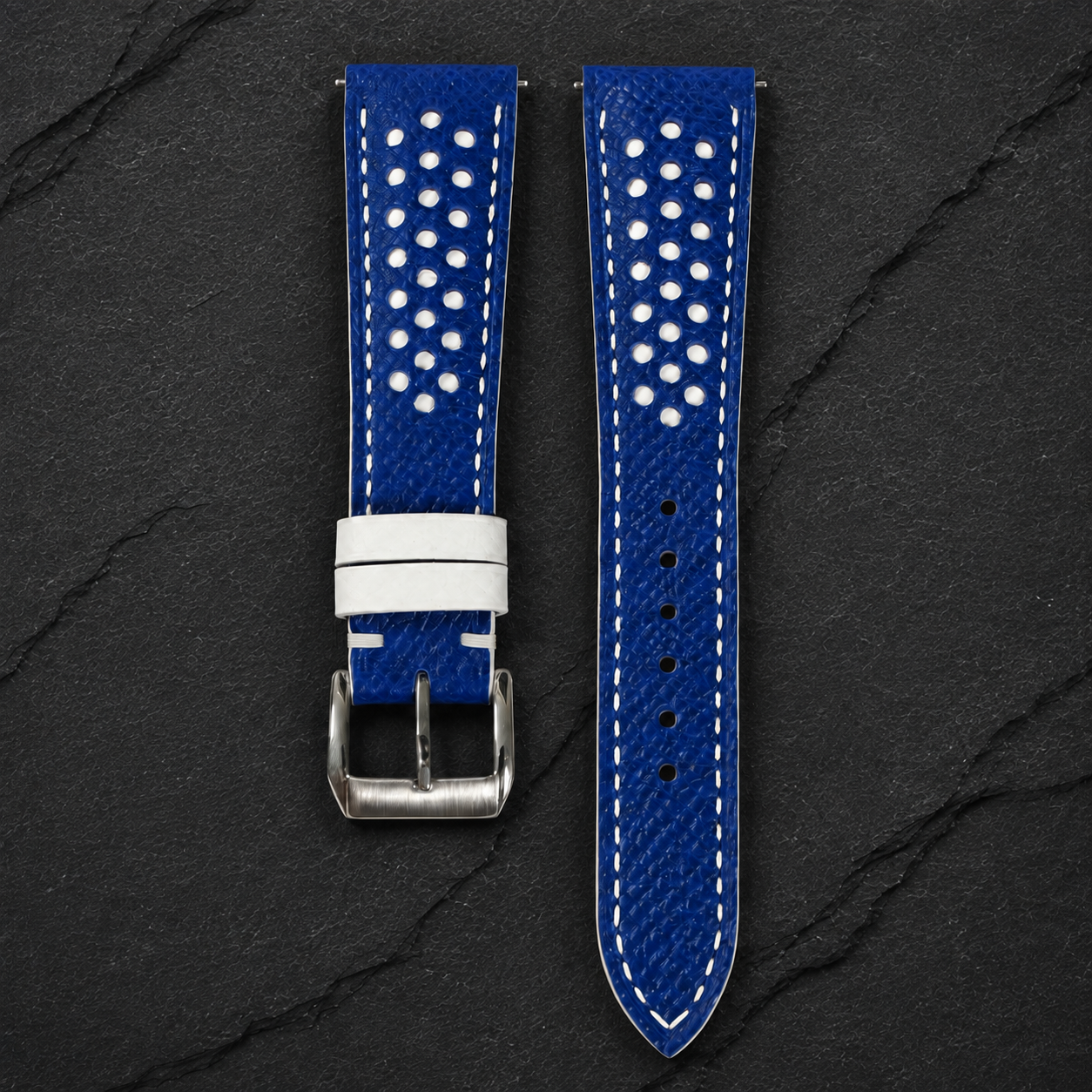 Racing Rally Blue and White White Keeper Epsom Leather Watch Strap