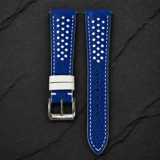 Racing Rally Blue and White White Keeper Epsom Leather Watch Strap