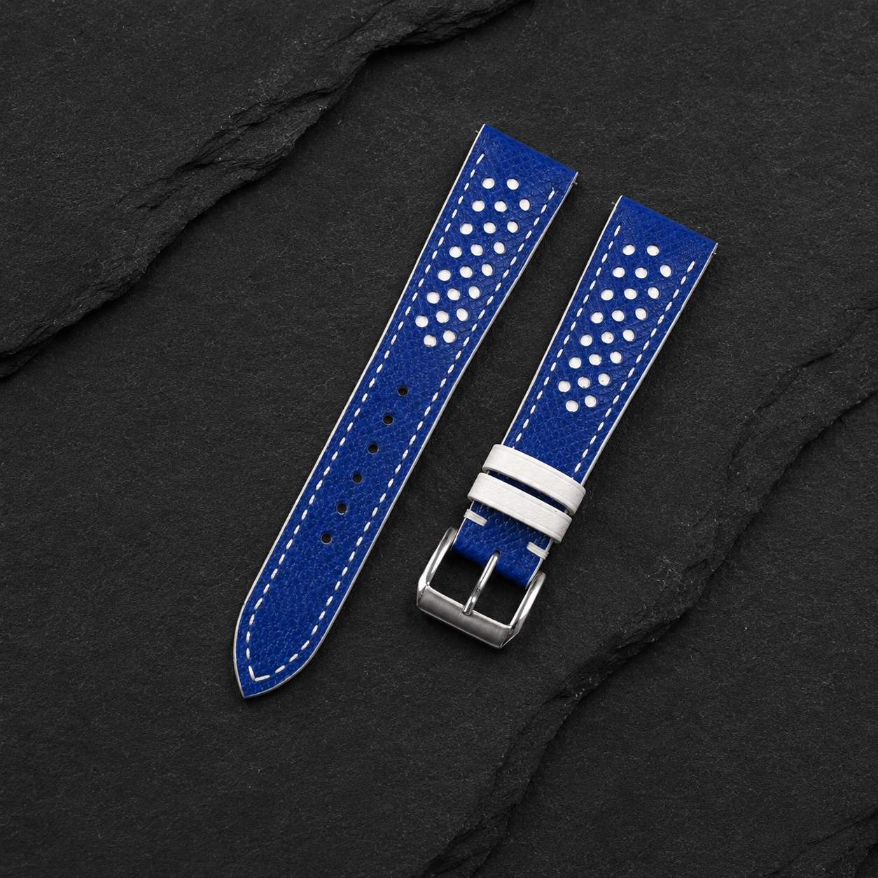 Racing Rally Blue and White White Keeper Epsom Leather Watch Strap