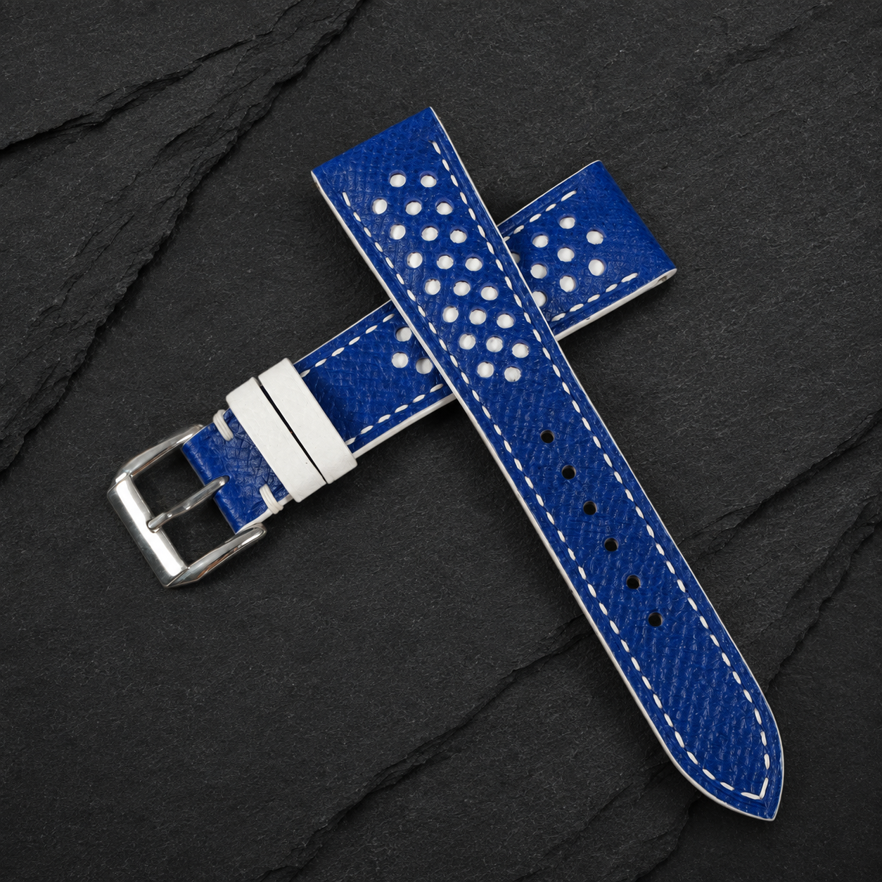 Racing Rally Blue and White White Keeper Epsom Leather Watch Strap