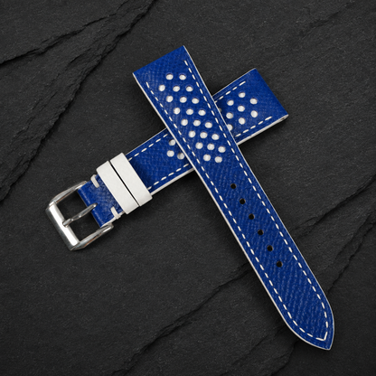 Racing Rally Blue and White White Keeper Epsom Leather Watch Strap