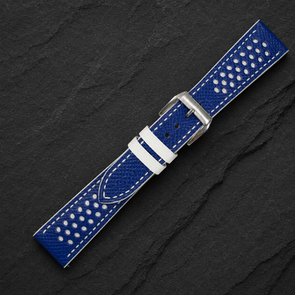 Racing Rally Blue and White White Keeper Epsom Leather Watch Strap