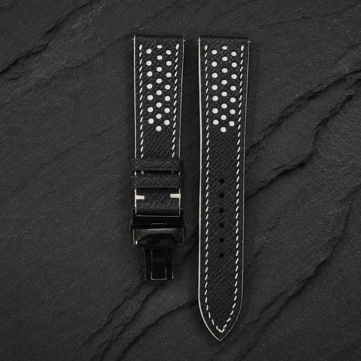 Racing Small Holes Black and White Epsom Leather Watch Strap