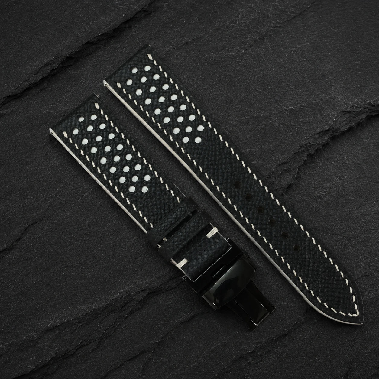Racing Small Holes Black and White Epsom Leather Watch Strap