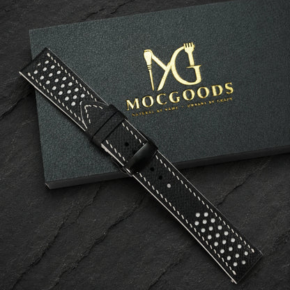 Racing Small Holes Black and White Epsom Leather Watch Strap