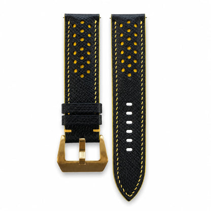 Racing Small Holes Black and Yellow Epsom Leather Watch Strap