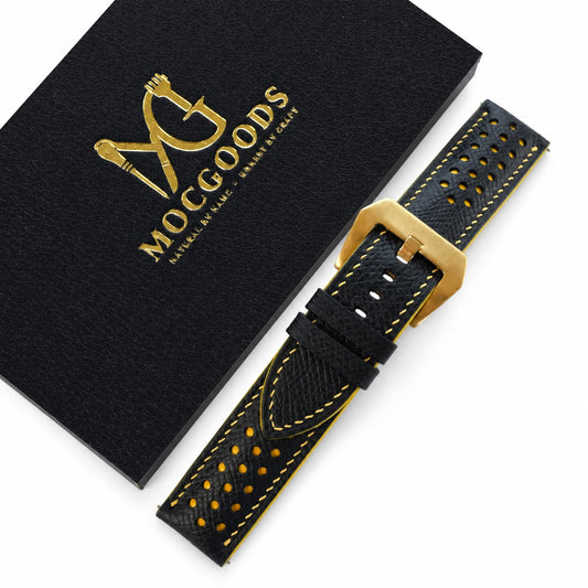 Racing Small Holes Black and Yellow Epsom Leather Watch Strap