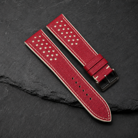 Red and Cream Racing Small Holes Rally Epsom Leather Watch Strap