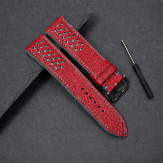 Red and Turquoise Racing Small Holes Rally Epsom Leather Watch Strap