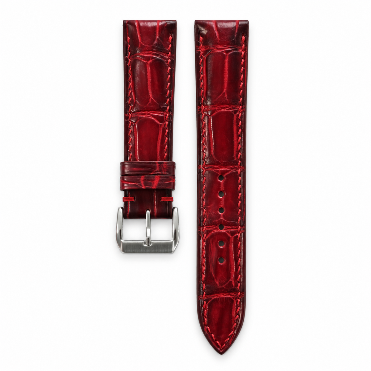 Red Bordeaux Patina Alligator Leather Watch Strap with steel buckle