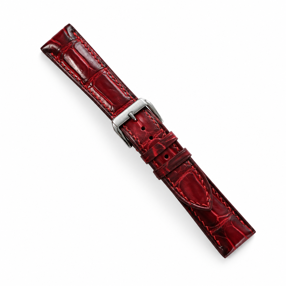Red Bordeaux Patina Alligator strap assembled alternate angle