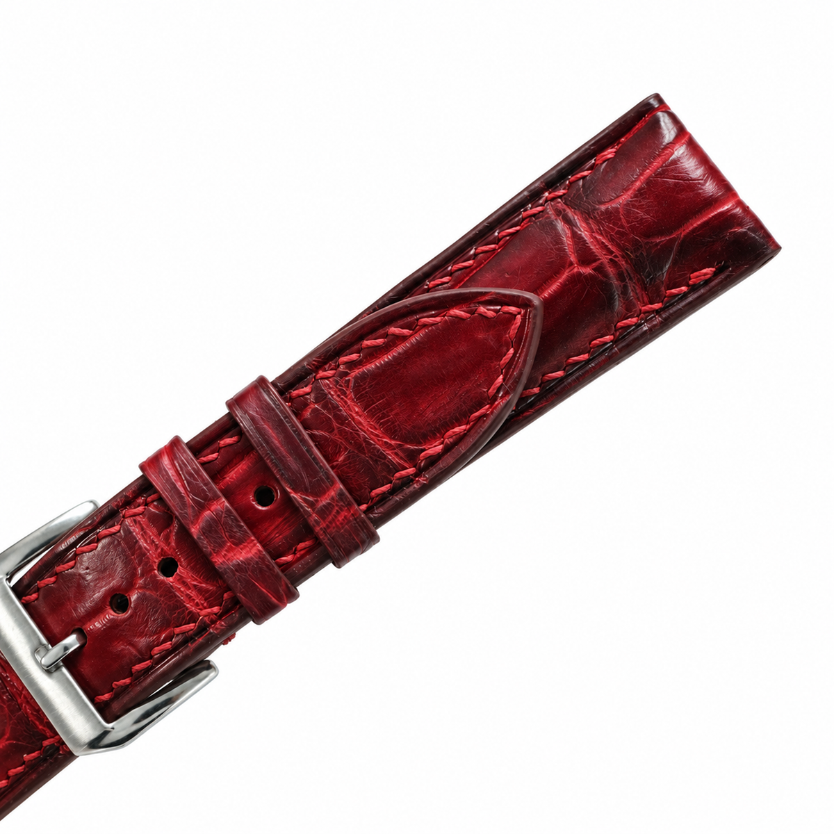 Red Bordeaux Patina Alligator strap keepers and scale grain macro