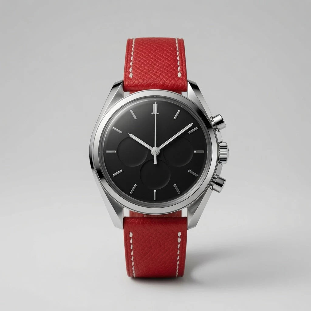 Red Epsom leather watch strap fitted on a watch