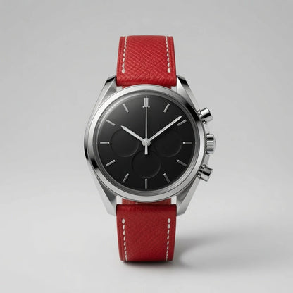 Red Epsom leather watch strap fitted on a watch