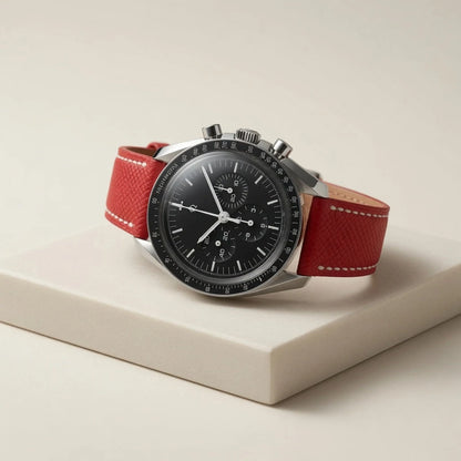 Red Epsom leather watch strap styled on a chronograph