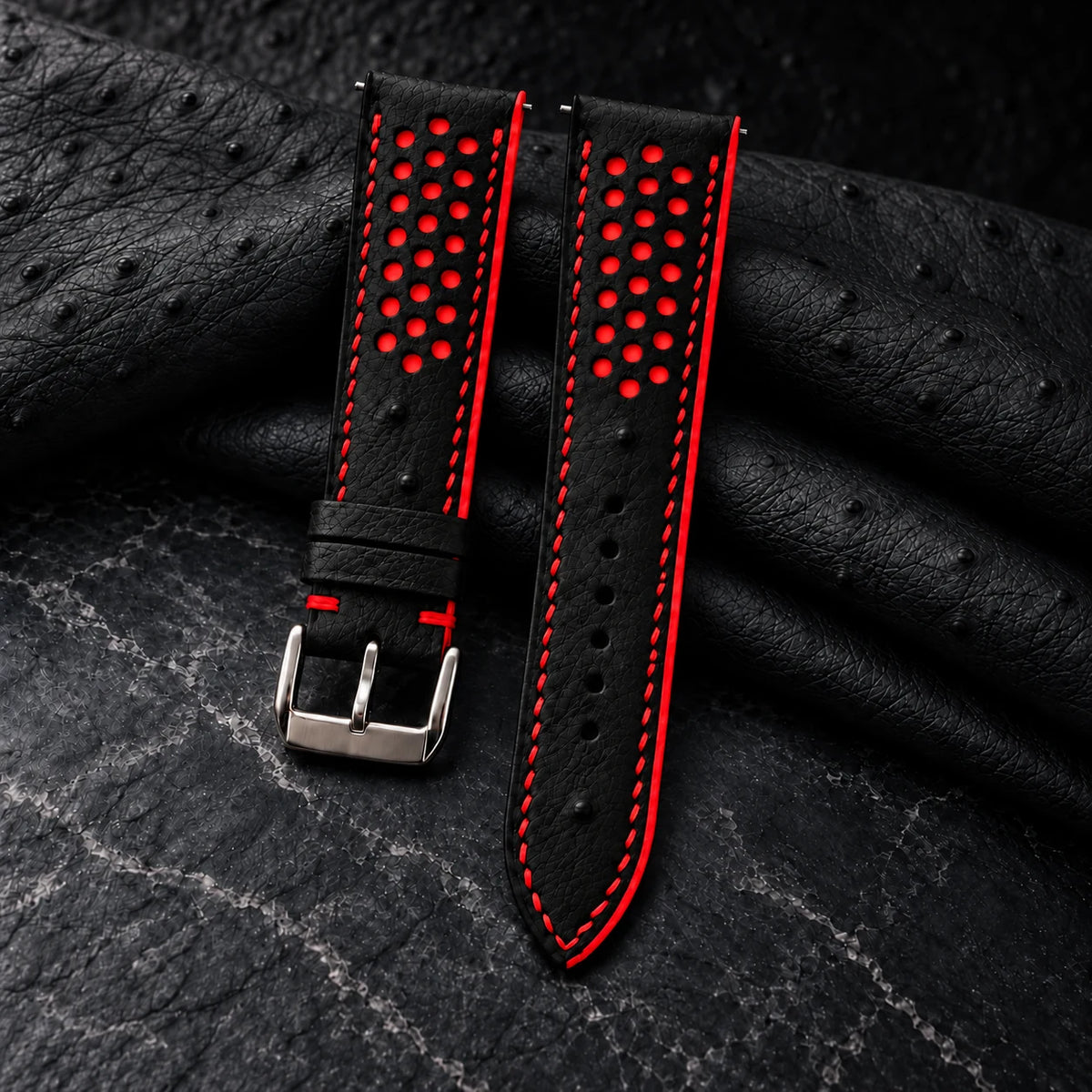 Black and Red Racing Small Holes Ostrich Leather Watch Strap - hero