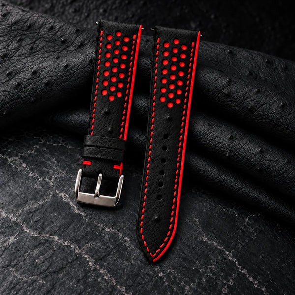 Black and Red Racing Small Holes Ostrich Leather Watch Strap