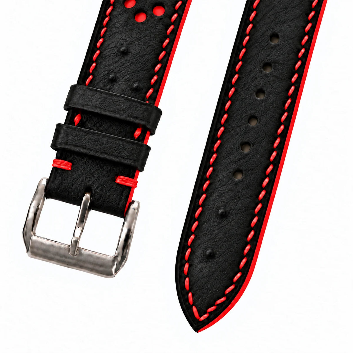 Black and Red Racing Small Holes Ostrich Leather Watch Strap - full strap red racing holes